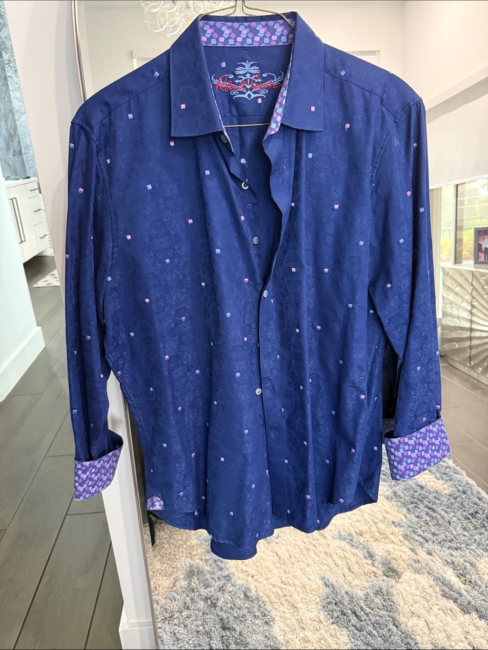 Classic Navy Blue Button-Down Shirt with Pink Accents